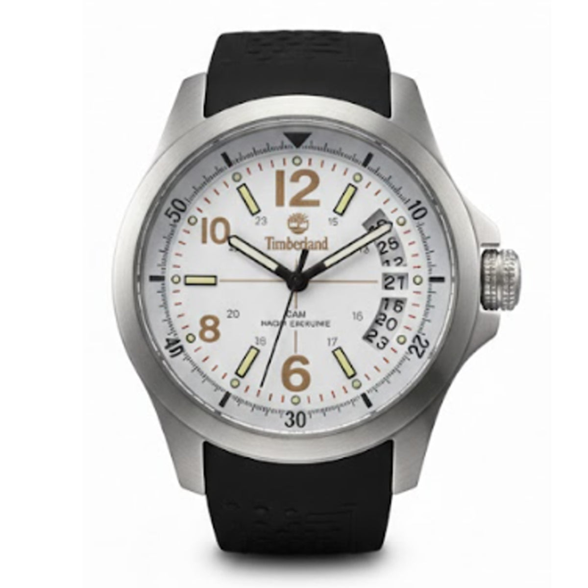 Timberland Quartz Movt. Date Watch with a White Dial and a Black Rubber Strap in a 40mm Silver Stainless Steel Case with 5 ATM TIMB-COB-01
