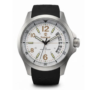 Timberland Quartz Movt. Date Watch with a White Dial and a Black Rubber Strap in a 40mm Silver Stainless Steel Case with 5 ATM TIMB-COB-01