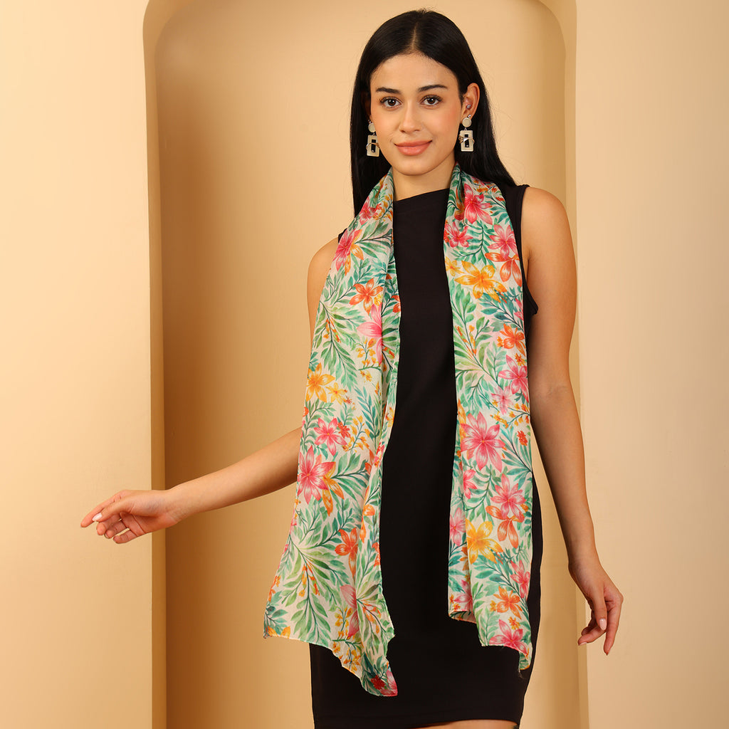 100% Mulberry Silk Leaf Multi-colour Digital Print Scarf (50X175 Cm) - Green_8621306