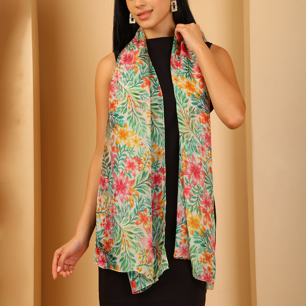 100% Mulberry Silk Leaf Multi-colour Digital Print Scarf (50X175 Cm) - Green_8621306_2