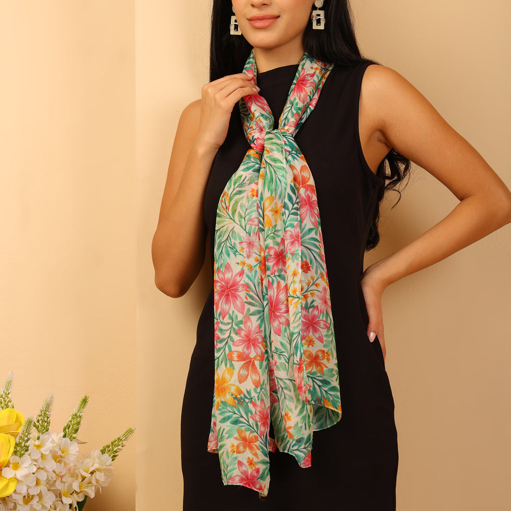 100% Mulberry Silk Leaf Multi-colour Digital Print Scarf (50X175 Cm) - Green_8621306_4