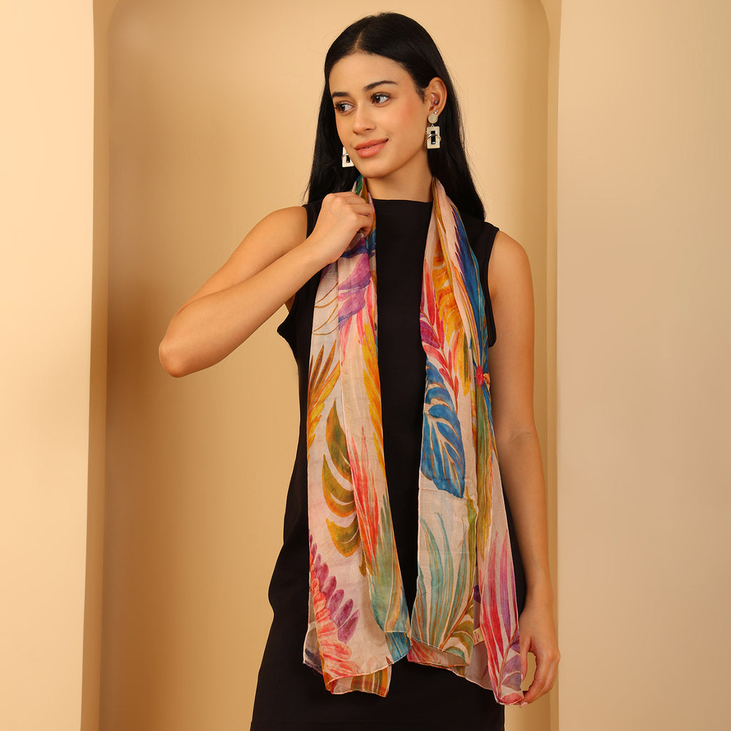 100% Mulberry Silk Tropical Multi-colour Digital Print Scarf (50X175 Cm) - Leaf Print_8621311_2