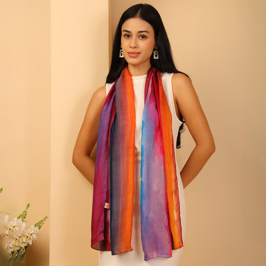 100% Mulberry Silk Sunset Multi-colour Digital Print Scarf (50X175 Cm)_8621312
