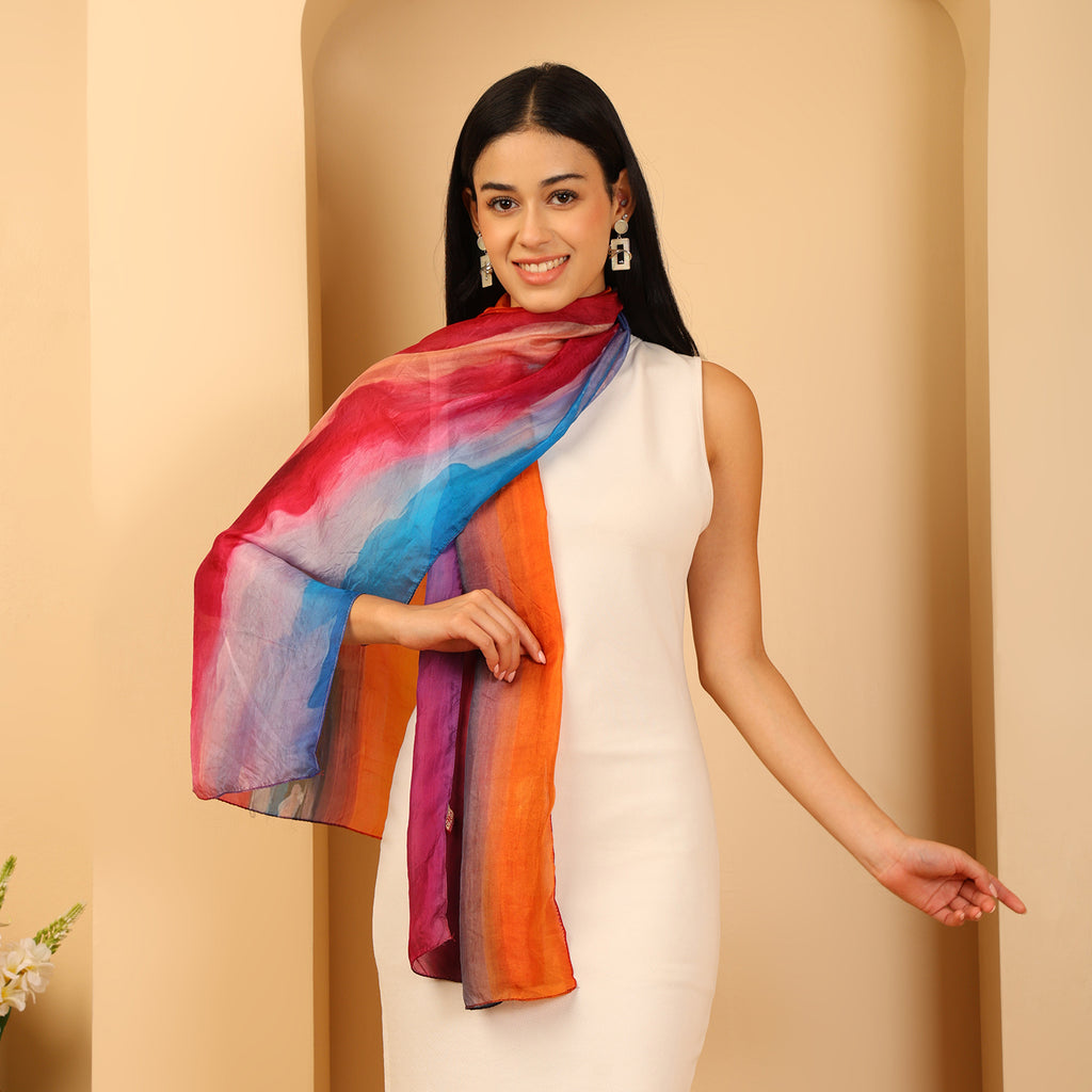 100% Mulberry Silk Sunset Multi-colour Digital Print Scarf (50X175 Cm)_8621312_1