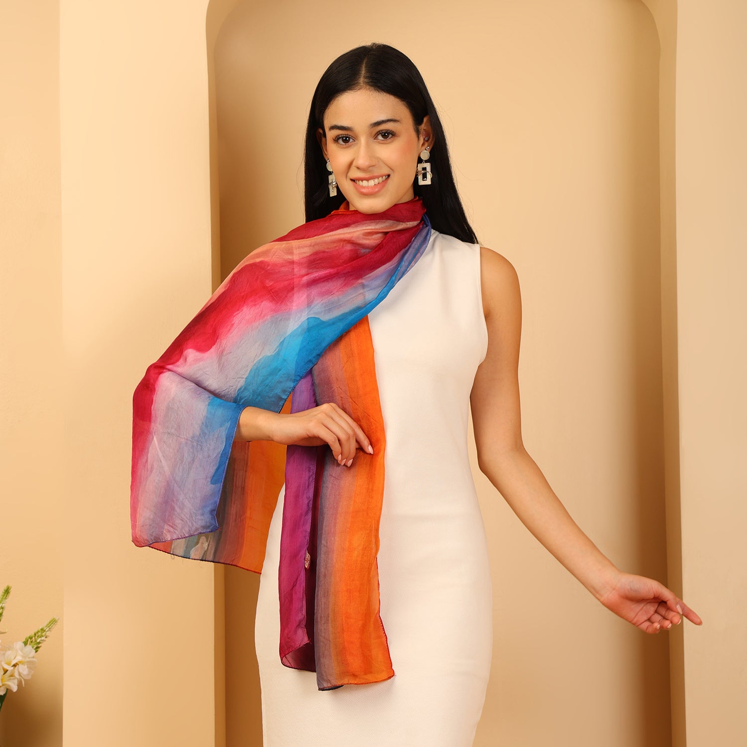 100% Mulberry Silk Sunset Multi-colour Digital Print Scarf (50X175 Cm)_8621312_1