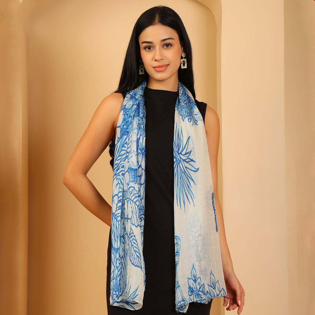 100% Mulberry Silk Butterfly Multi-colour Digital Print Scarf (50X175 Cm) -White_8621313