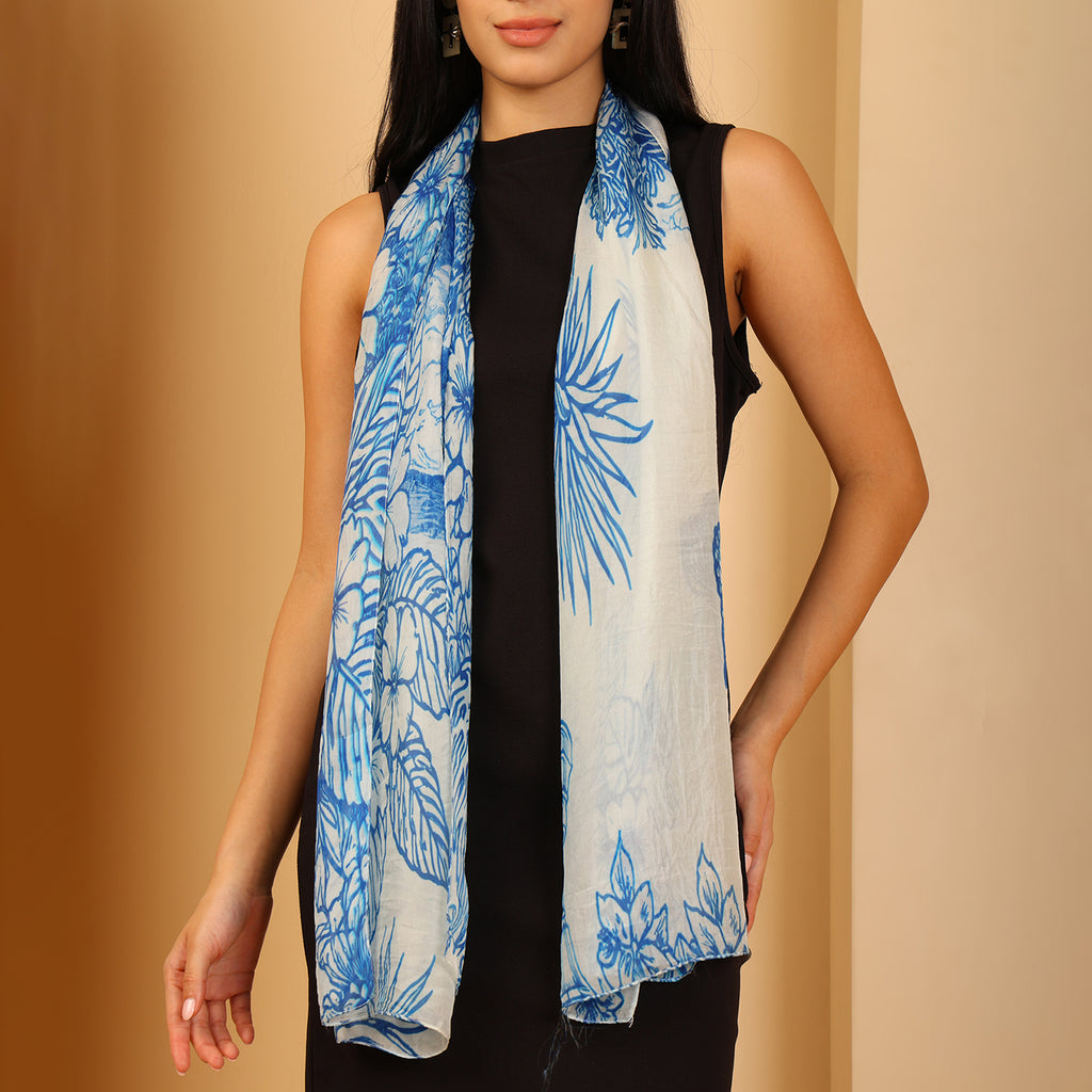 100% Mulberry Silk Butterfly Multi-colour Digital Print Scarf (50X175 Cm) -White_8621313_1