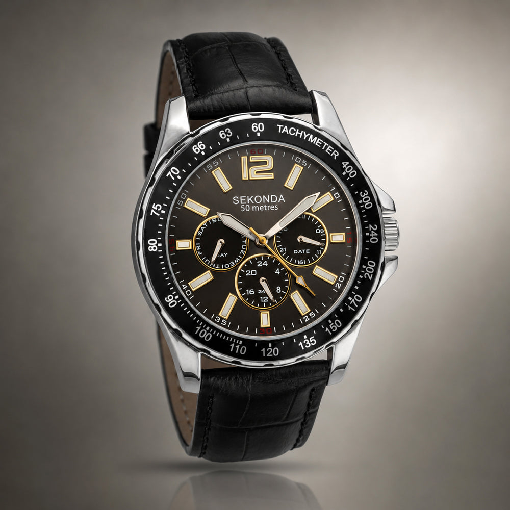 Sekonda Quartz Watch with a Black Dial and a Black Leather Strap in a 46mm Silver Alloy Case with 5 ATM 1917_8627003