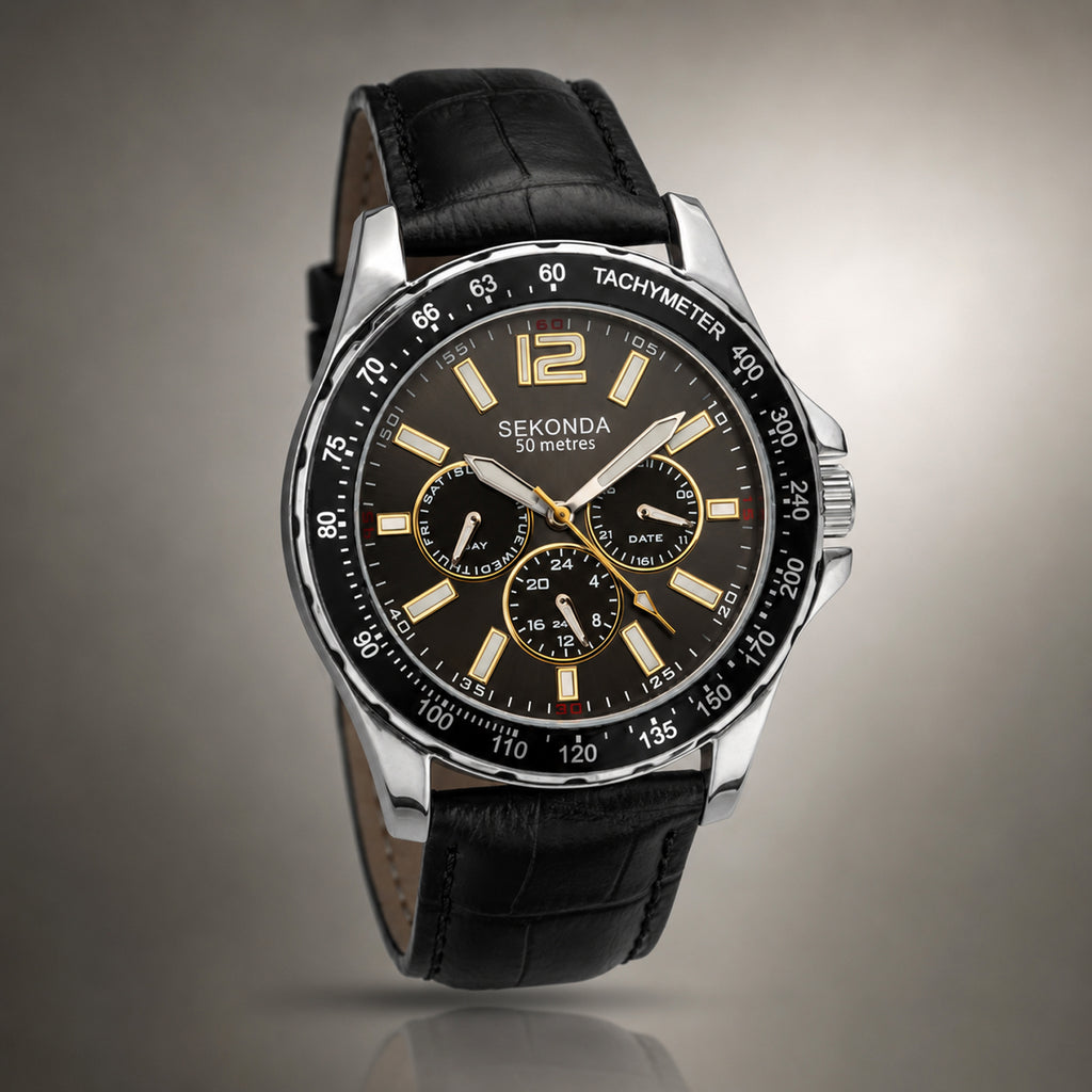 Sekonda Quartz Watch with a Black Dial and a Black Leather Strap in a 46mm Silver Alloy Case with 5 ATM 1917_8627003