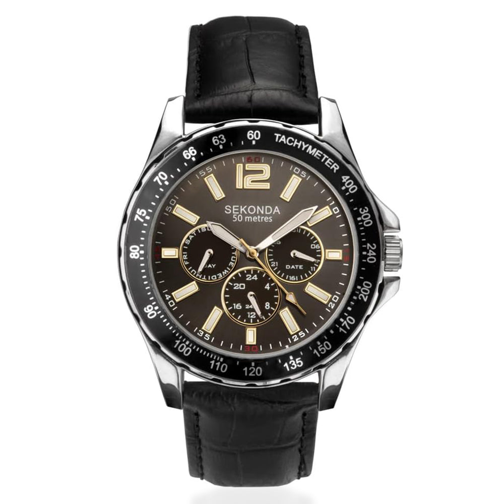 Sekonda Quartz Watch with a Black Dial and a Black Leather Strap in a 46mm Silver Alloy Case with 5 ATM 1917_8627003_2