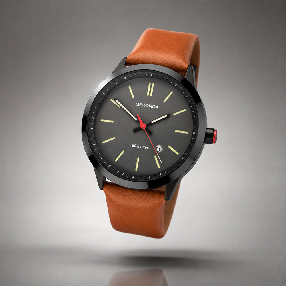 Sekonda Quartz Watch with a Grey Dial and a Brown Leather Strap in a 47mm Black Alloy Case with 5 ATM 1828_8627840