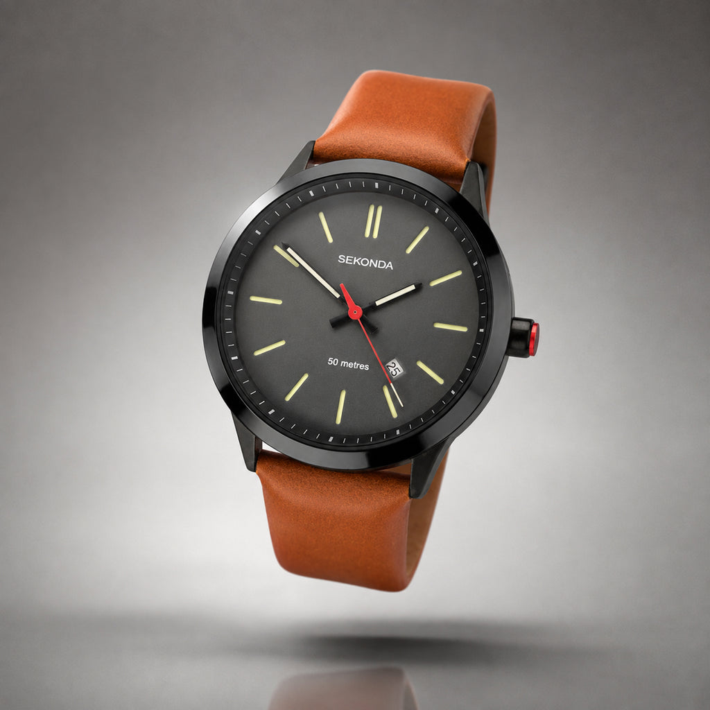 Sekonda Quartz Watch with a Grey Dial and a Brown Leather Strap in a 47mm Black Alloy Case with 5 ATM 1828_8627840