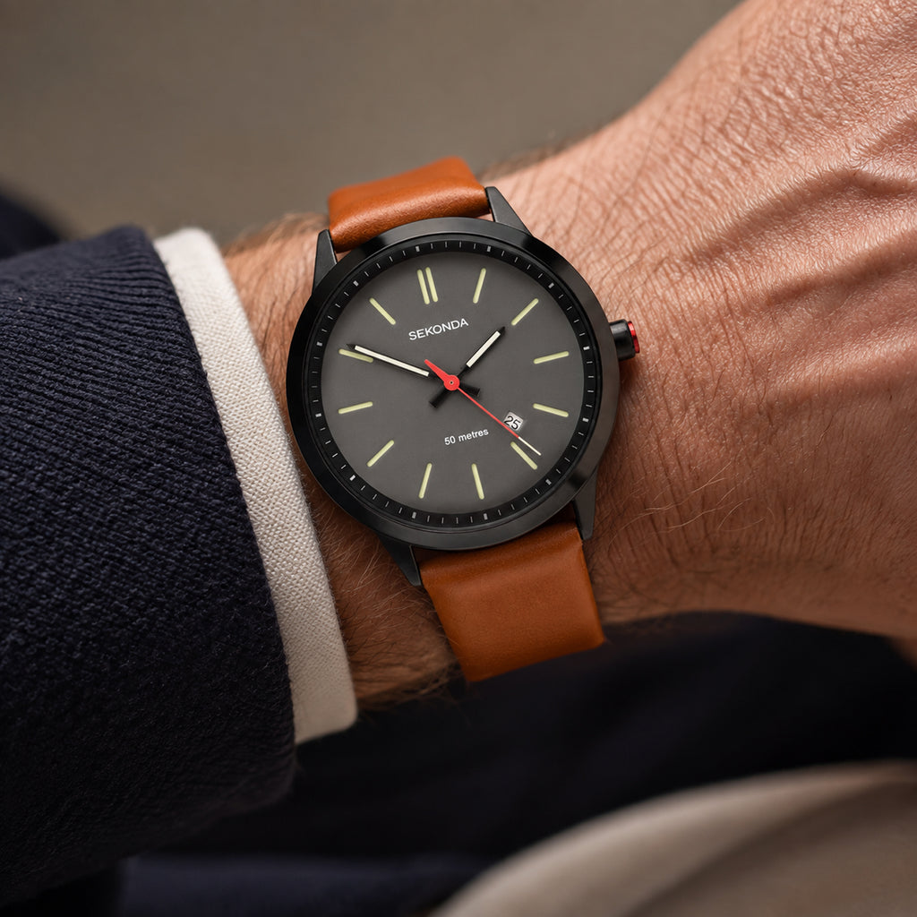 Sekonda Quartz Watch with a Grey Dial and a Brown Leather Strap in a 47mm Black Alloy Case with 5 ATM 1828_8627840_1