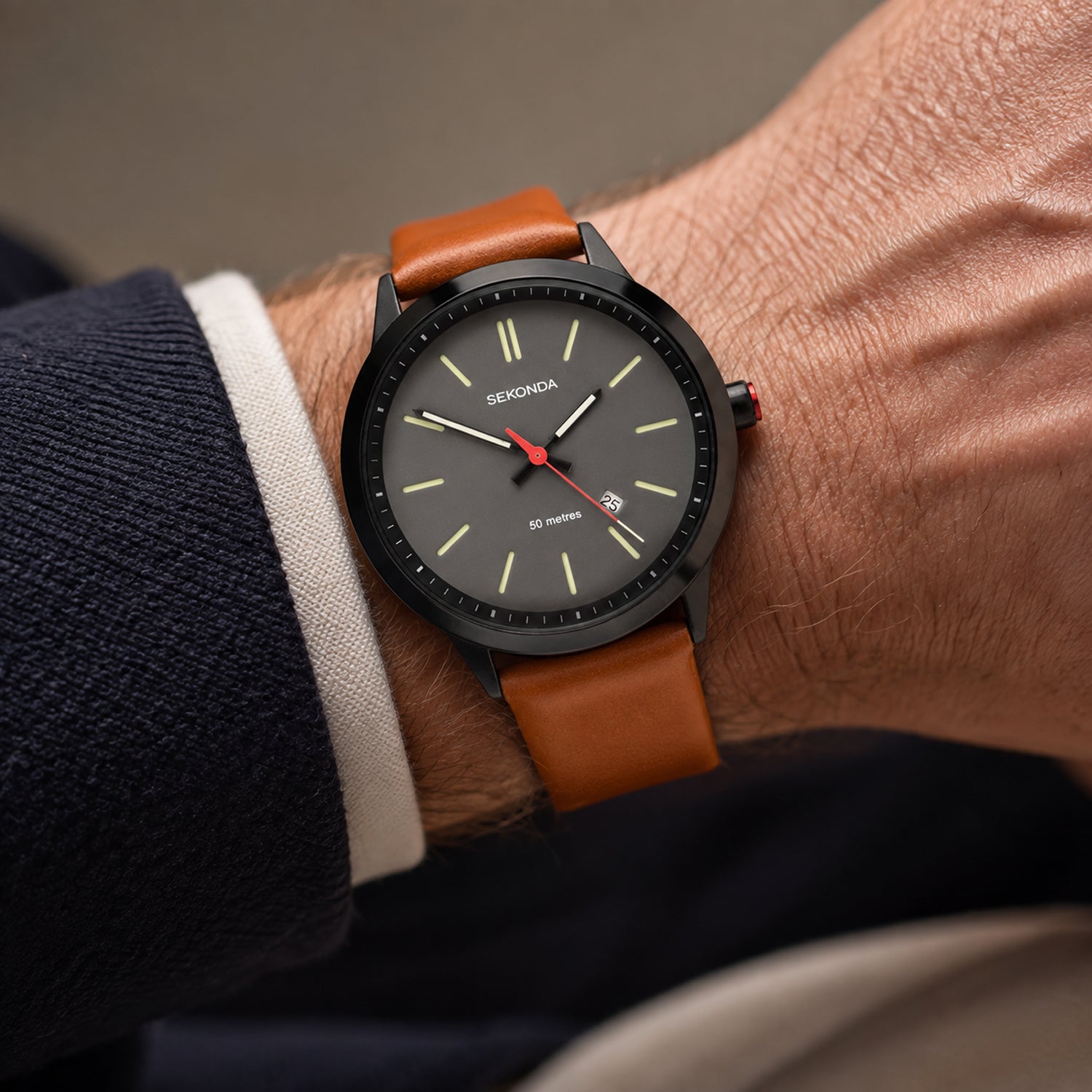 Sekonda Quartz Watch with a Grey Dial and a Brown Leather Strap in a 47mm Black Alloy Case with 5 ATM 1828_8627840_1