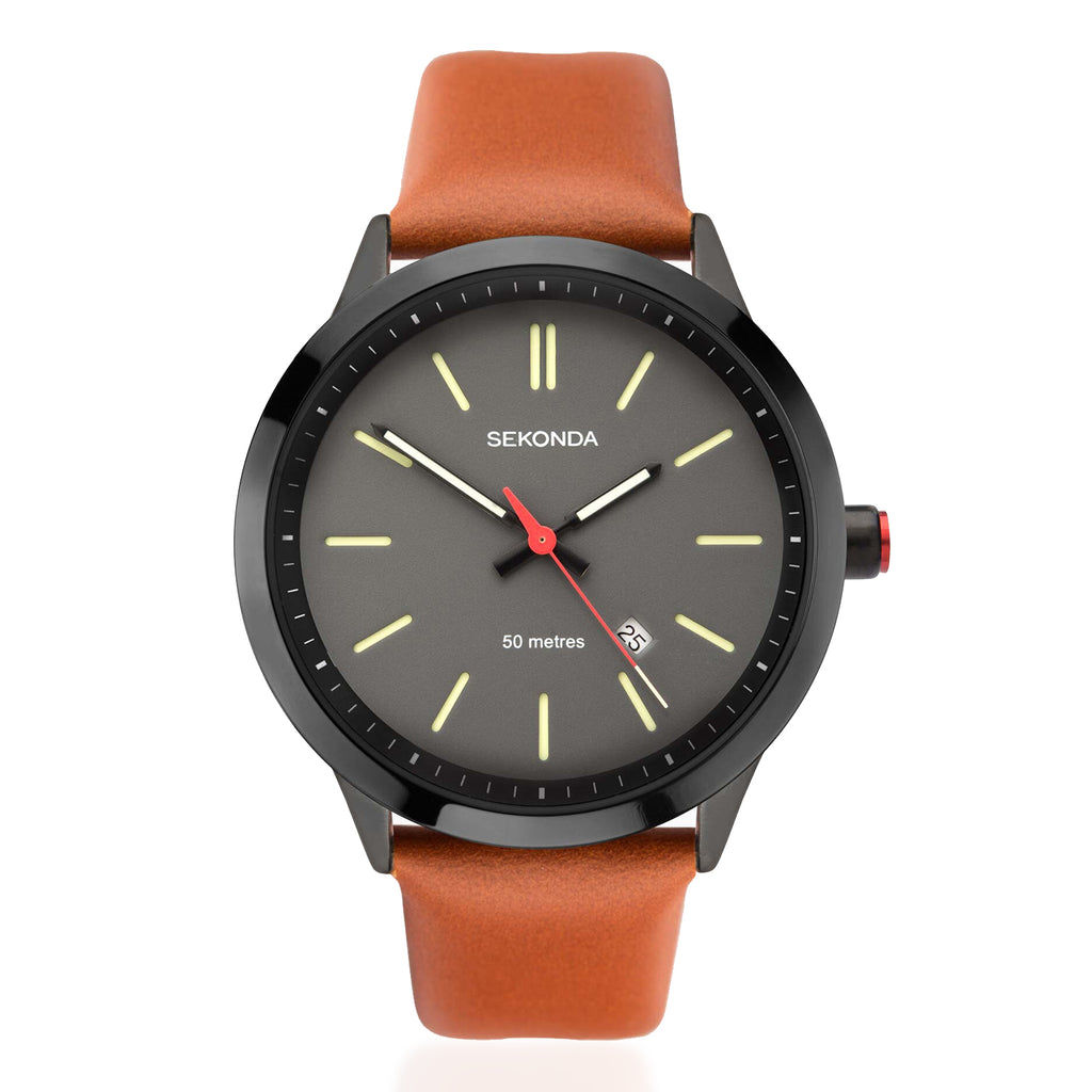Sekonda Quartz Watch with a Grey Dial and a Brown Leather Strap in a 47mm Black Alloy Case with 5 ATM 1828_8627840_2