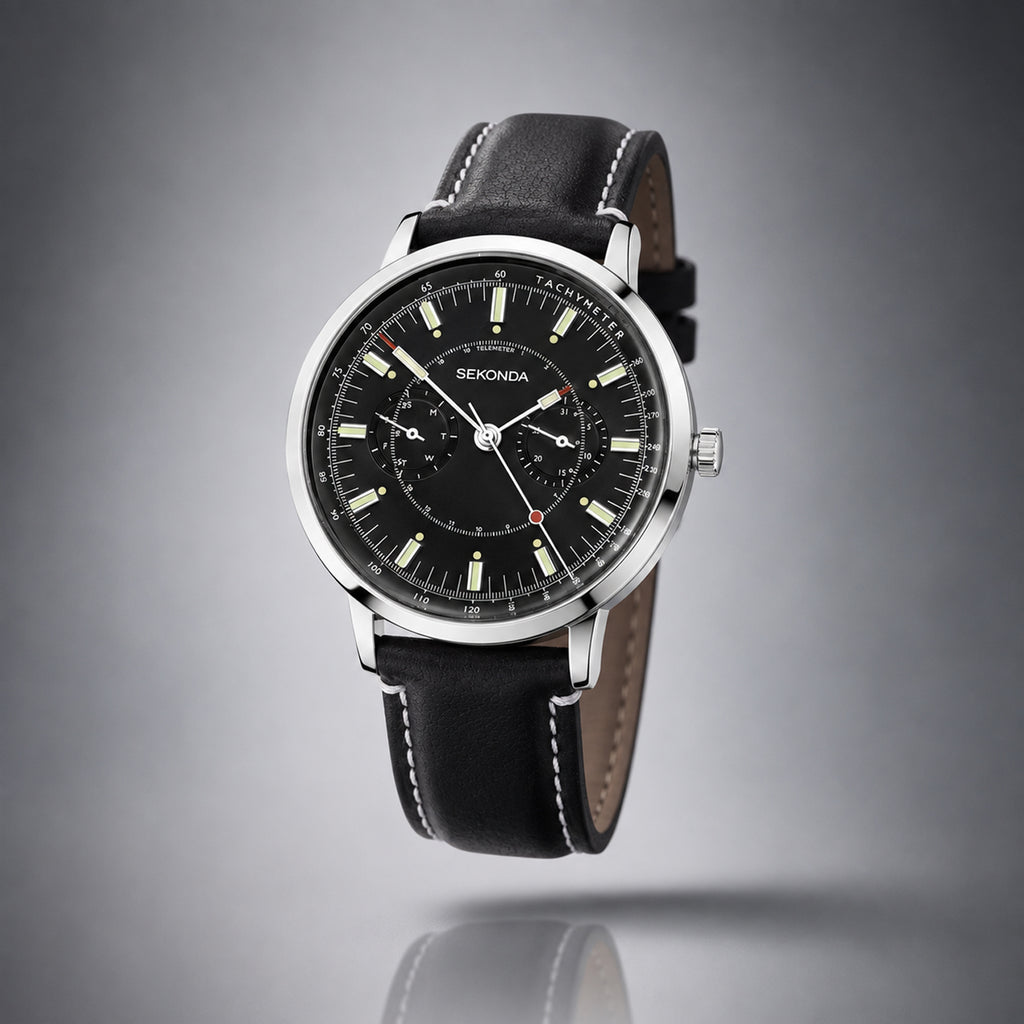 Sekonda Quartz Watch with a Black Dial and a Black Leather Strap in a 40mm Silver Alloy Case with 3 ATM 30098_8627842