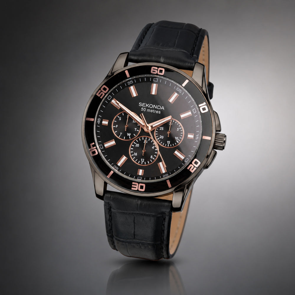 Sekonda Quartz Watch with a Black Dial and a Black Leather Strap in a 47mm Black Alloy Case with 5 ATM 30026_8627908