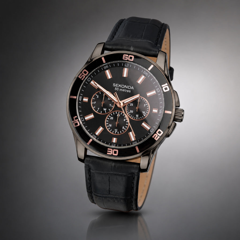 Sekonda Quartz Watch with a Black Dial and a Black Leather Strap in a 47mm Black Alloy Case with 5 ATM 30026_8627908