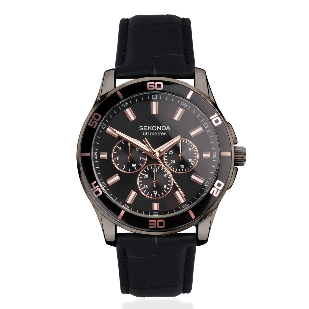 Sekonda Quartz Watch with a Black Dial and a Black Leather Strap in a 47mm Black Alloy Case with 5 ATM 30026_8627908_2
