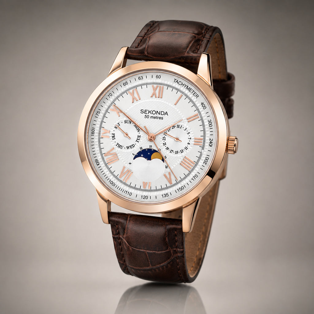 Sekonda Quartz Watch with a White Dial and a Brown Leather Strap in a 43mm Rose Alloy Case with 5 ATM 30148_8627950