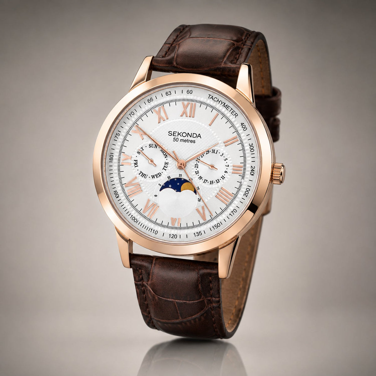 Sekonda Quartz Watch with a White Dial and a Brown Leather Strap in a 43mm Rose Alloy