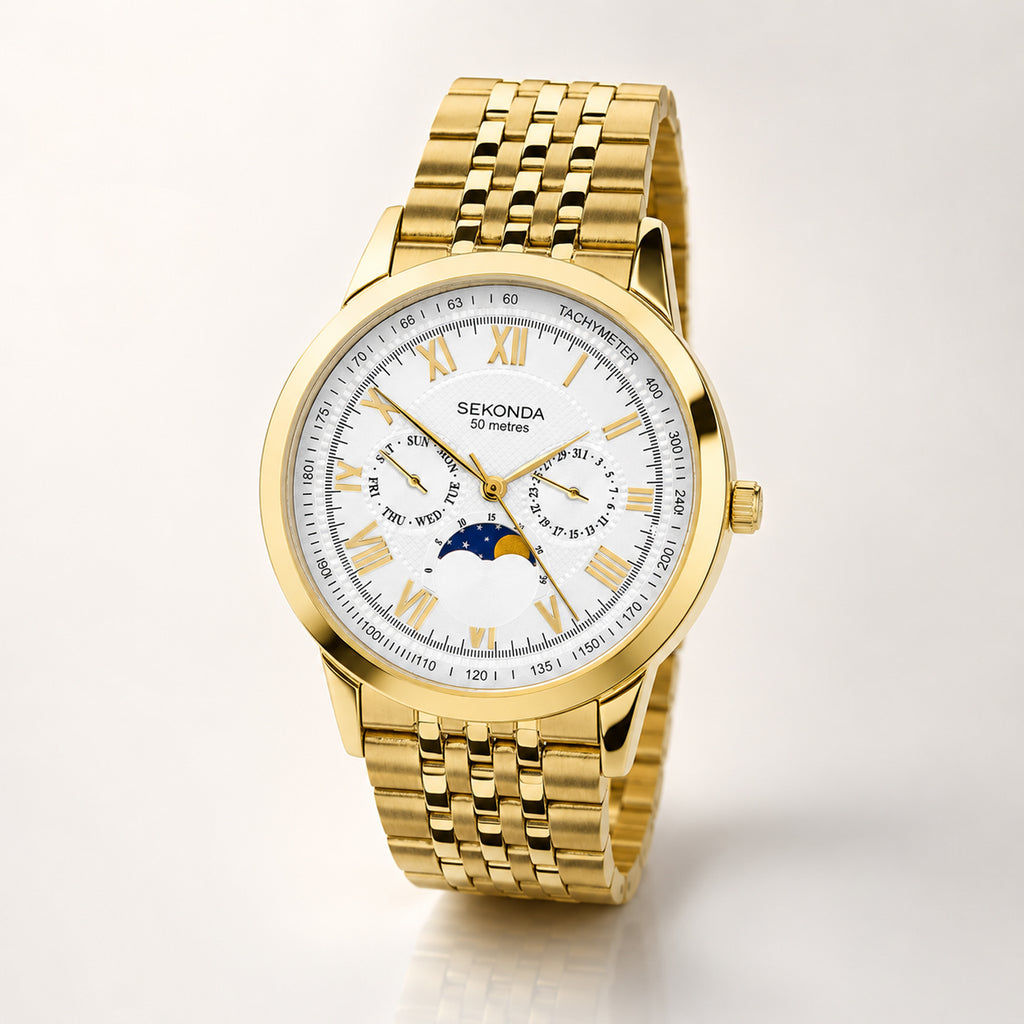Sekonda Quartz Watch with a White Dial and a Gold Stainless Steel Strap in a 42mm Gold Alloy Case with 5 ATM 30228_8627952