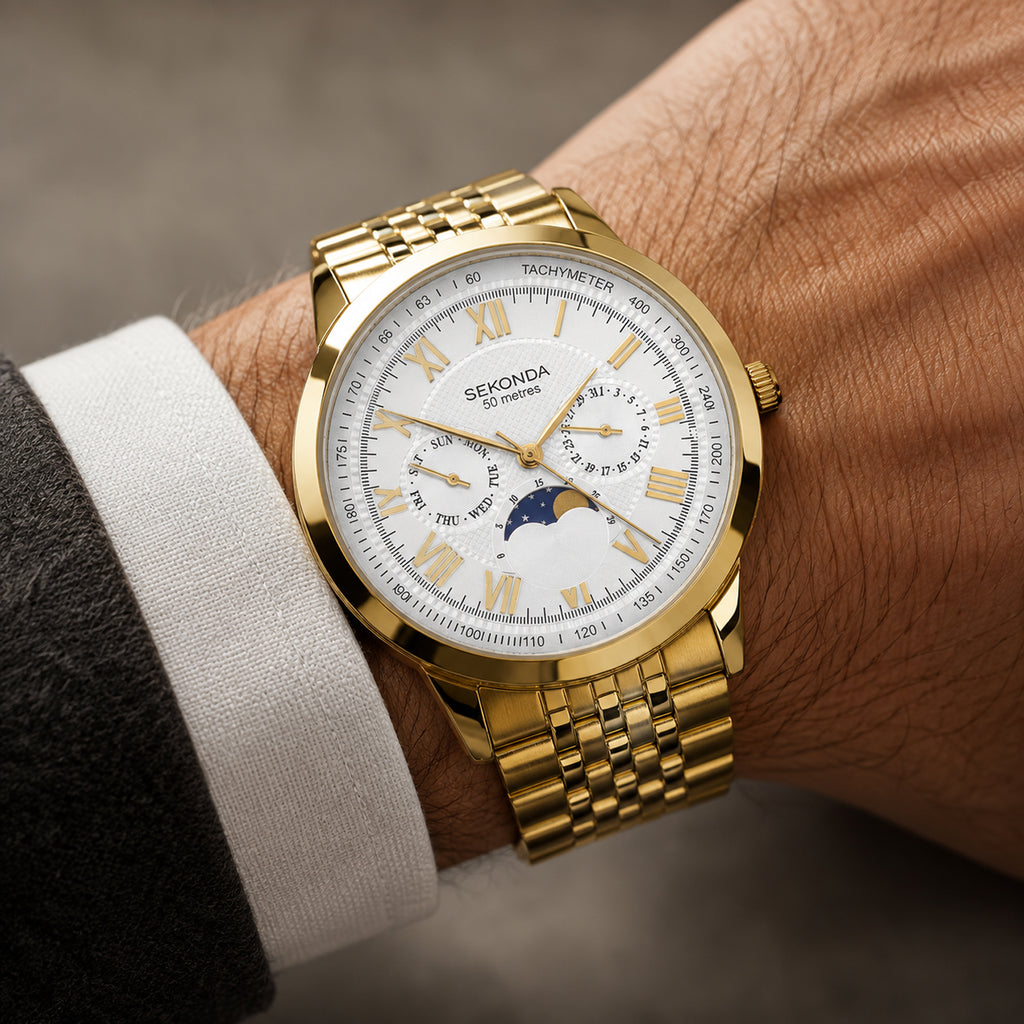 Sekonda Quartz Watch with a White Dial and a Gold Stainless Steel Strap in a 42mm Gold Alloy Case with 5 ATM 30228_8627952_1