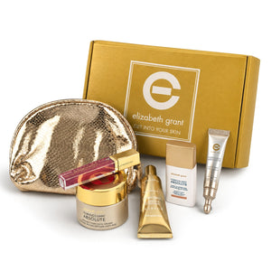 Elizabeth Grant Ultimate Holiday Beauty Gift Set with Torricelumn™ Skincare, Glow Drops, Lip Shine & Gold Cosmetic Bag
