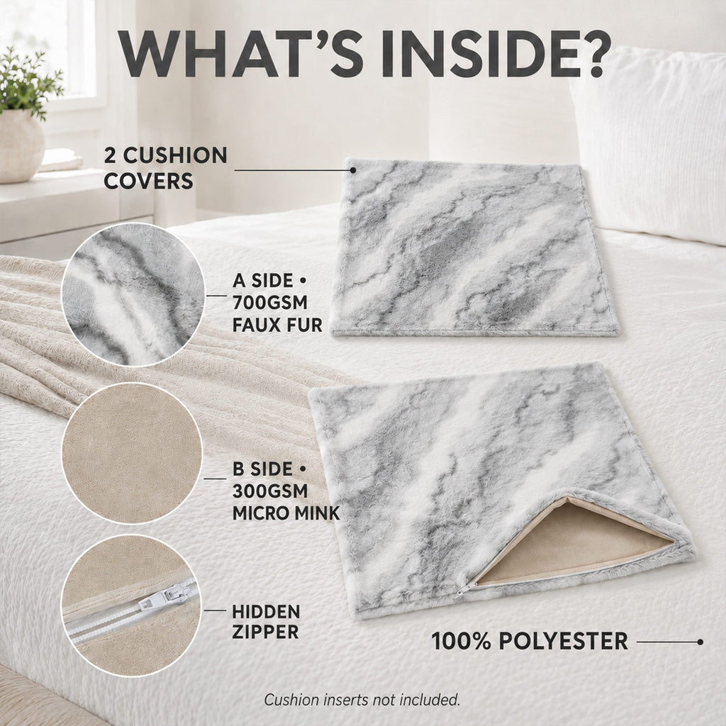 Bliss & Beyond Pack of 2 Marble Faux Fur Reversible Cushion Covers - Grey_8645613_2
