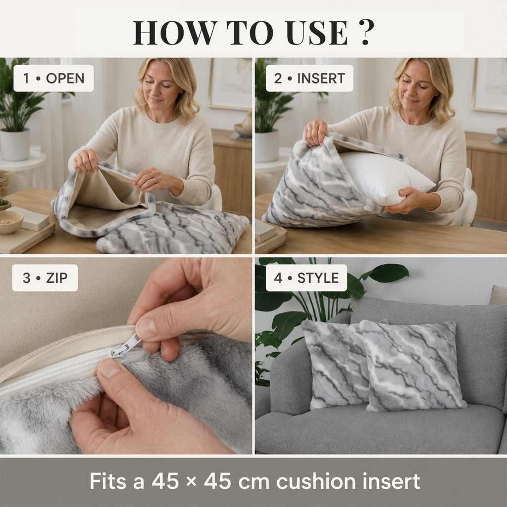 Bliss & Beyond Pack of 2 Marble Faux Fur Reversible Cushion Covers - Grey_8645613_3