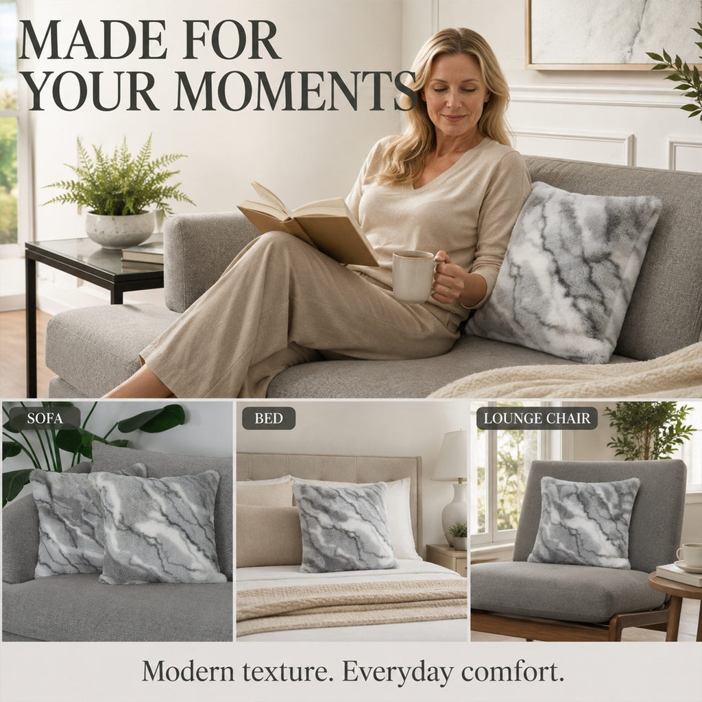 Bliss & Beyond Pack of 2 Marble Faux Fur Reversible Cushion Covers - Grey_8645613_4