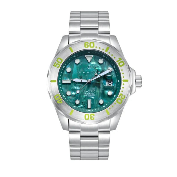 Nautis Pacific Automatic Japanese Watch with a Abalone Green Dial and a Silver Stainless Steel Strap in a 44mm Silver Stainless Steel Case with 20 ATM Water Resistance NAUN105-3_8679837