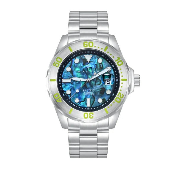 Nautis Pacific Automatic Japanese Watch with a Abalone Light Blue Dial and a Silver Stainless Steel Strap in a 44mm Silver Stainless Steel Case with 20 ATM Water Resistance NAUN105-4_8679844