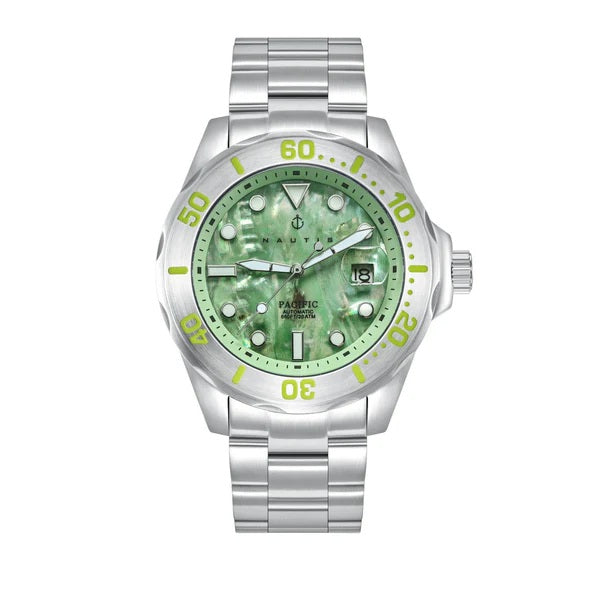 Nautis Pacific Automatic Japanese Watch with a Abalone Light Green Dial and a Silver Stainless Steel Strap in a 44mm Silver Stainless Steel Case with 20 ATM Water Resistance NAUN105-5_8679845