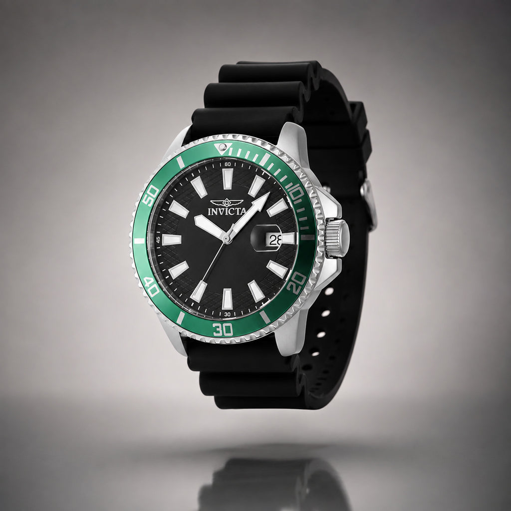 Invicta Pro Diver Quartz Watch with a Black Dial and a Black Silicone Strap in a 45mm Silver Stainless Steel Case with 5 ATM IN-46129_8680026