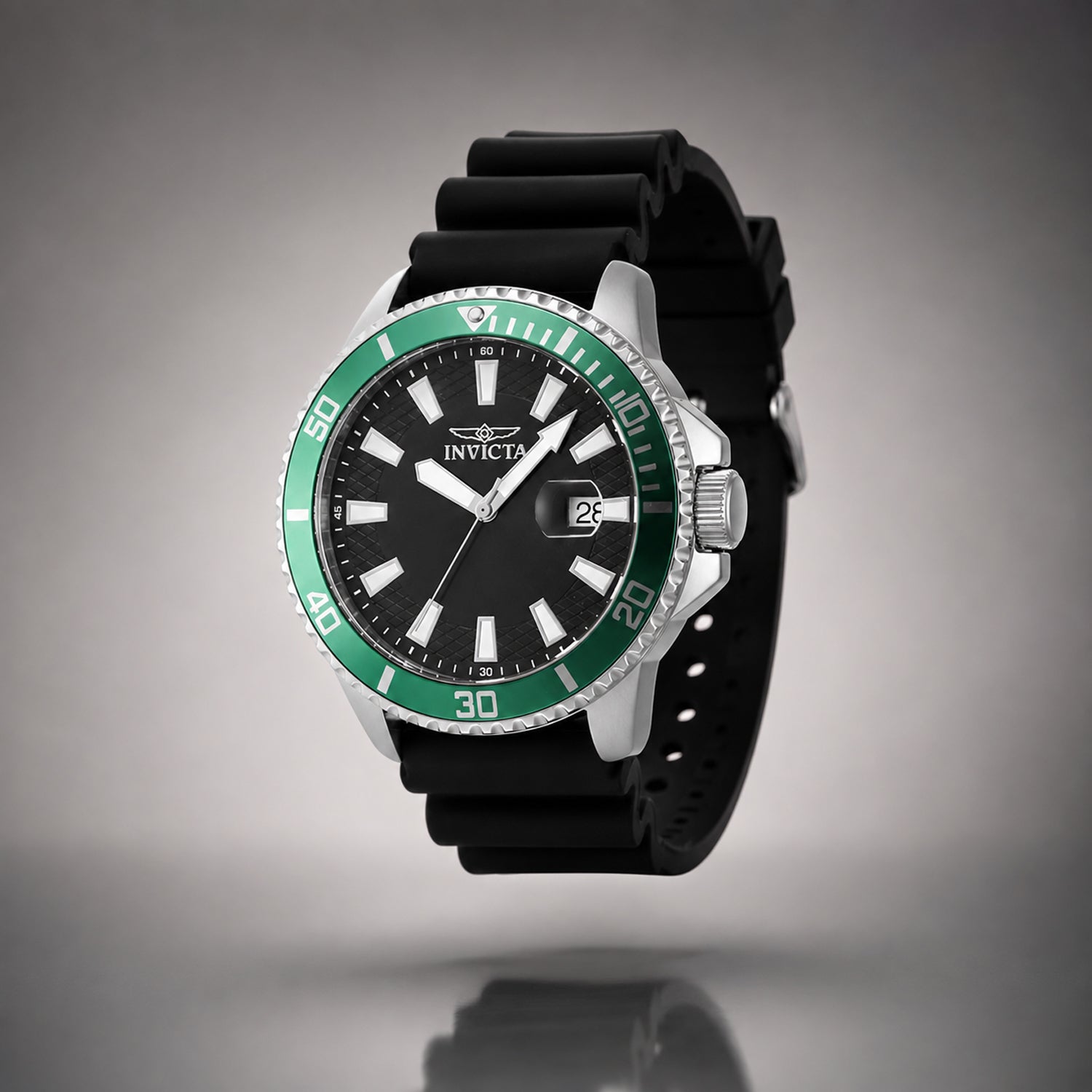 Invicta Pro Diver Quartz Watch with a Black Dial and a Black Silicone Strap in a 45mm Silver Stainless Steel Case with 5 ATM IN-46129_8680026