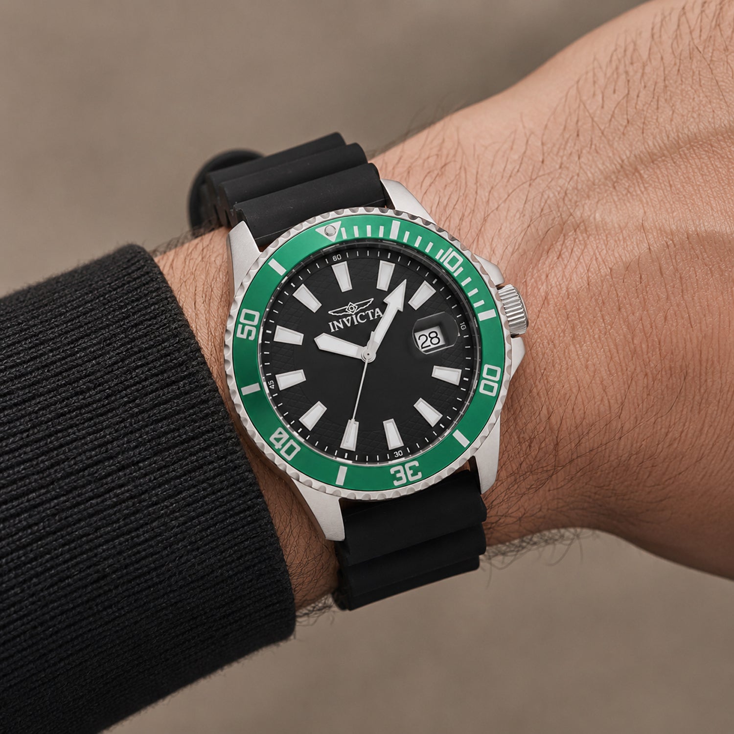 Invicta Pro Diver Quartz Watch with a Black Dial and a Black Silicone Strap in a 45mm Silver Stainless Steel Case with 5 ATM IN-46129_8680026_1