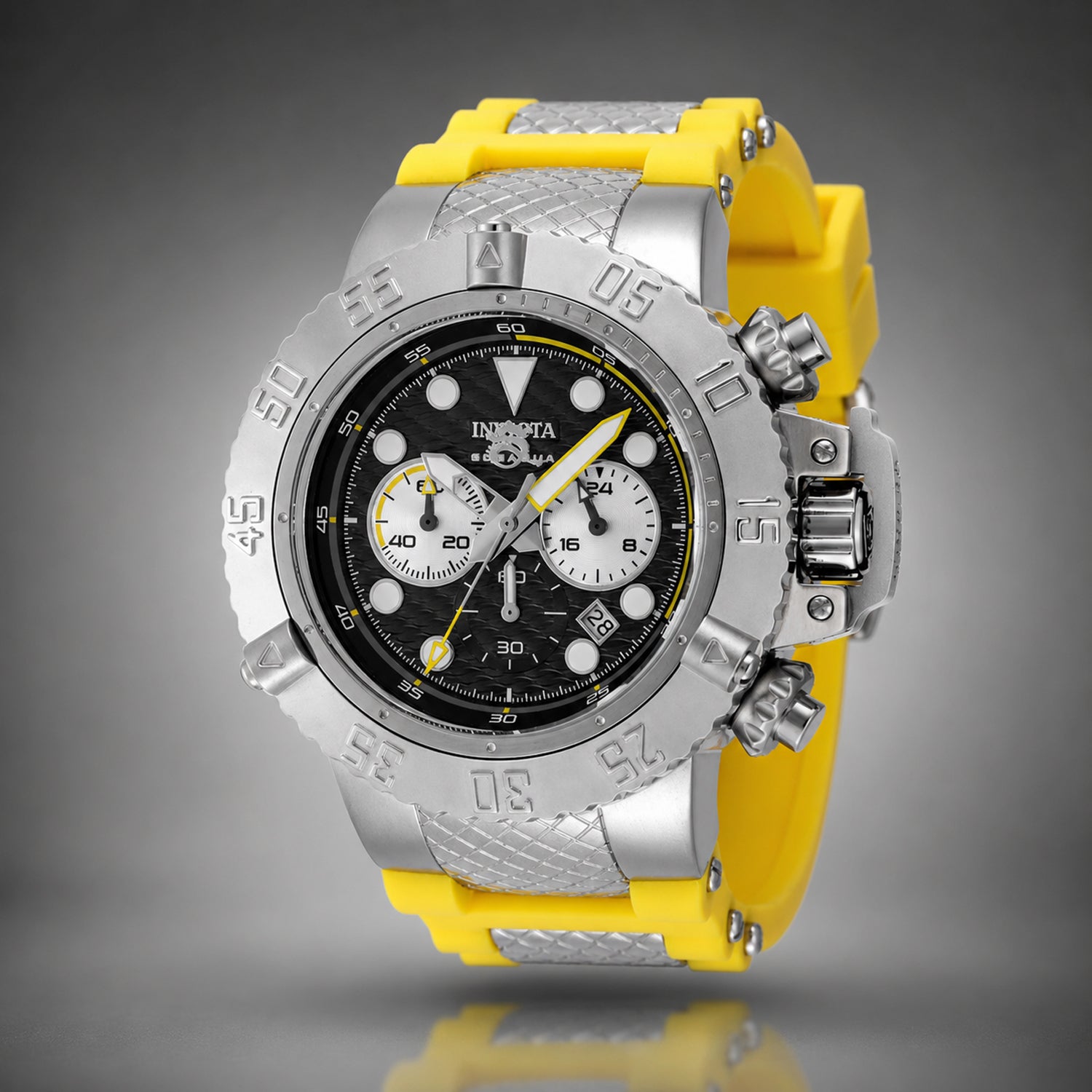 Invicta Subaqua Quartz Watch with a Black Dial and a Yellow Silicone, Stainless Steel Strap in a 50mm Silver Stainless Steel Case with 10 ATM IN-47825_8680027