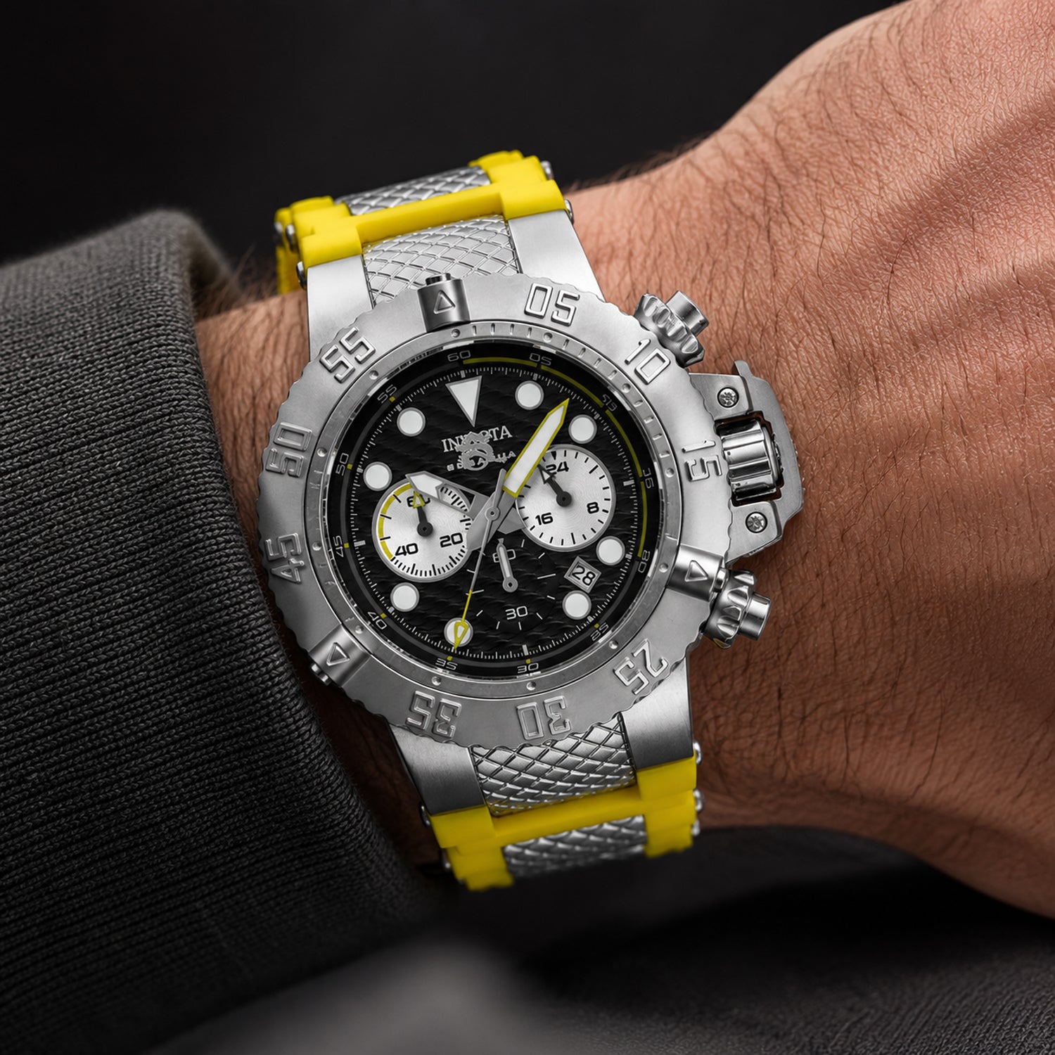 Invicta Subaqua Quartz Watch with a Black Dial and a Yellow Silicone, Stainless Steel Strap in a 50mm Silver Stainless Steel Case with 10 ATM IN-47825_8680027_1