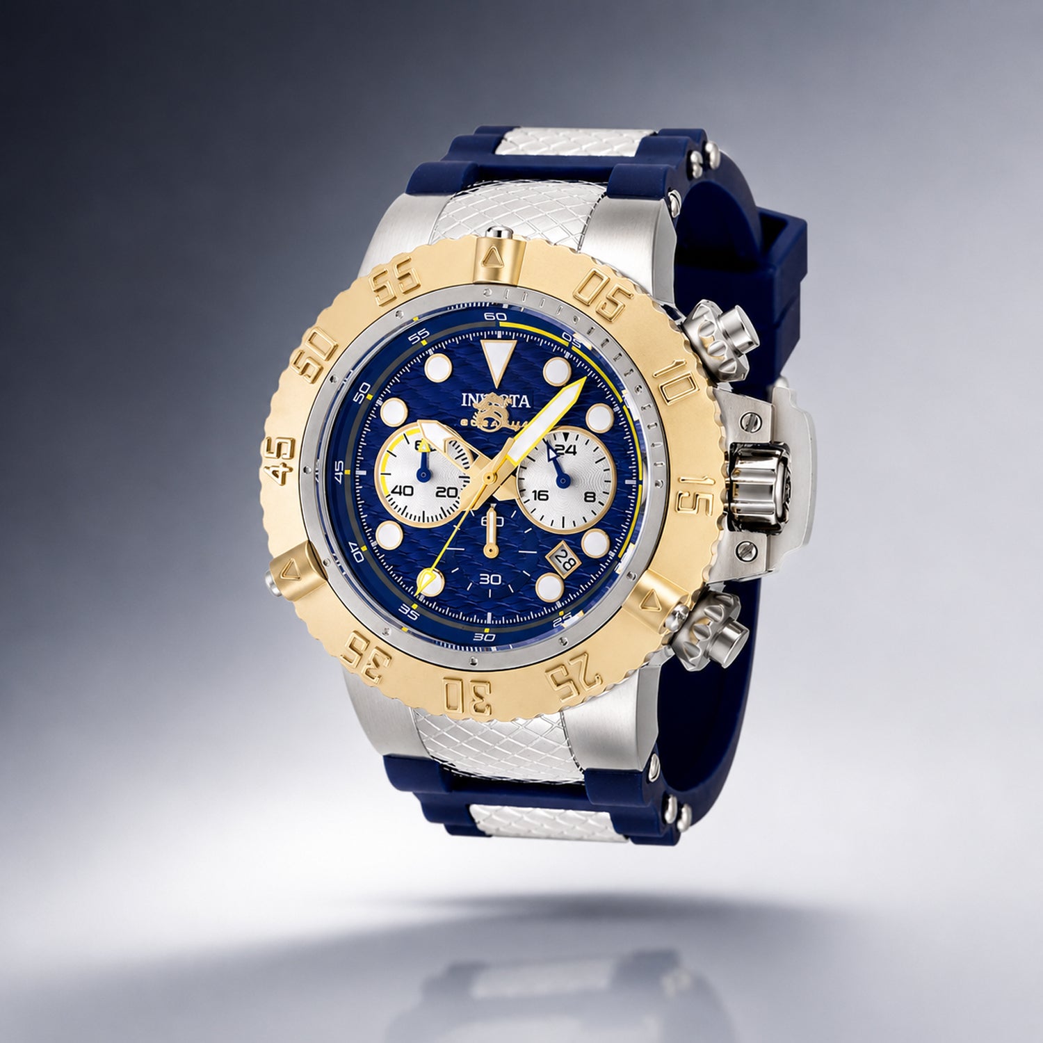 Invicta Subaqua Quartz Watch with a Blue Dial and a Blue Silicone, Stainless Steel Strap in a 50mm Silver and Gold Stainless Steel Case with 10 ATM IN-47919_8680047