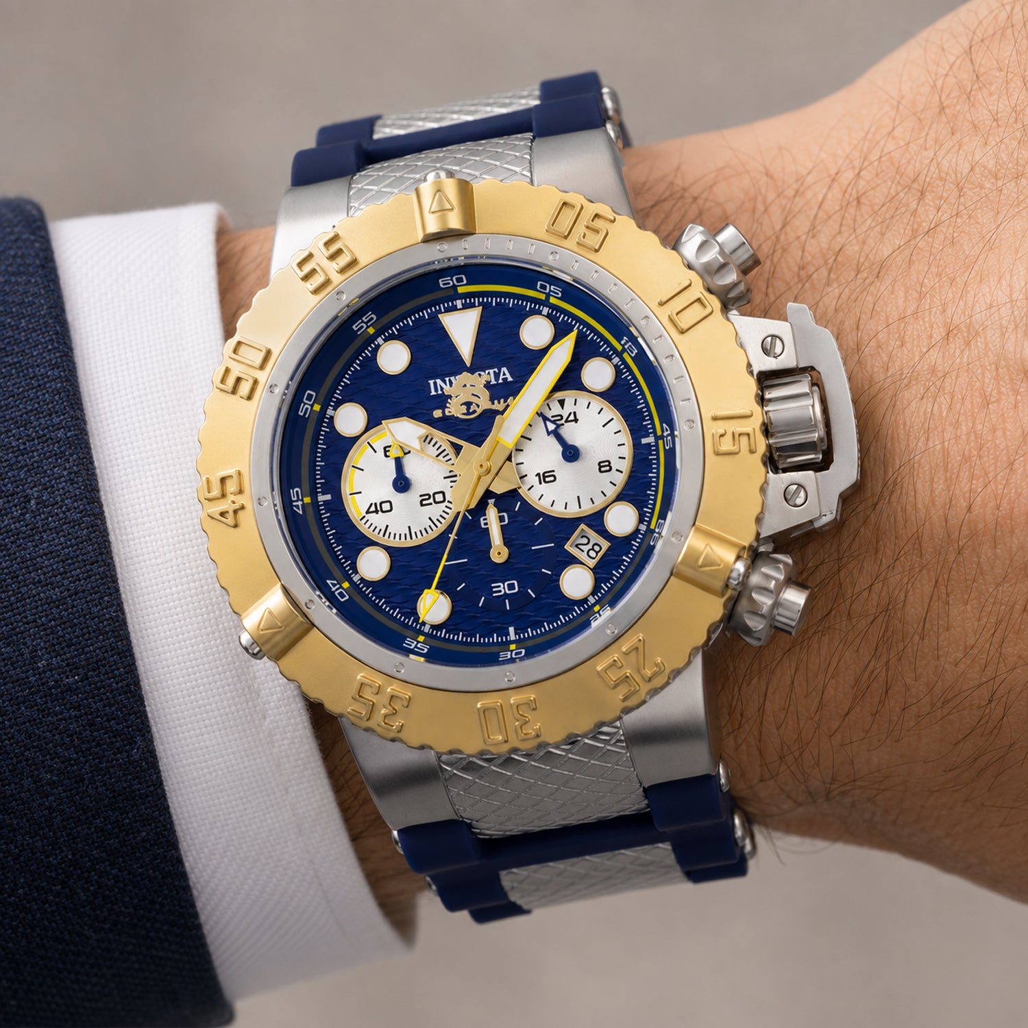 Invicta Subaqua Quartz Watch with a Blue Dial and a Blue Silicone, Stainless Steel Strap in a 50mm Silver and Gold Stainless Steel Case with 10 ATM IN-47919_8680047_1