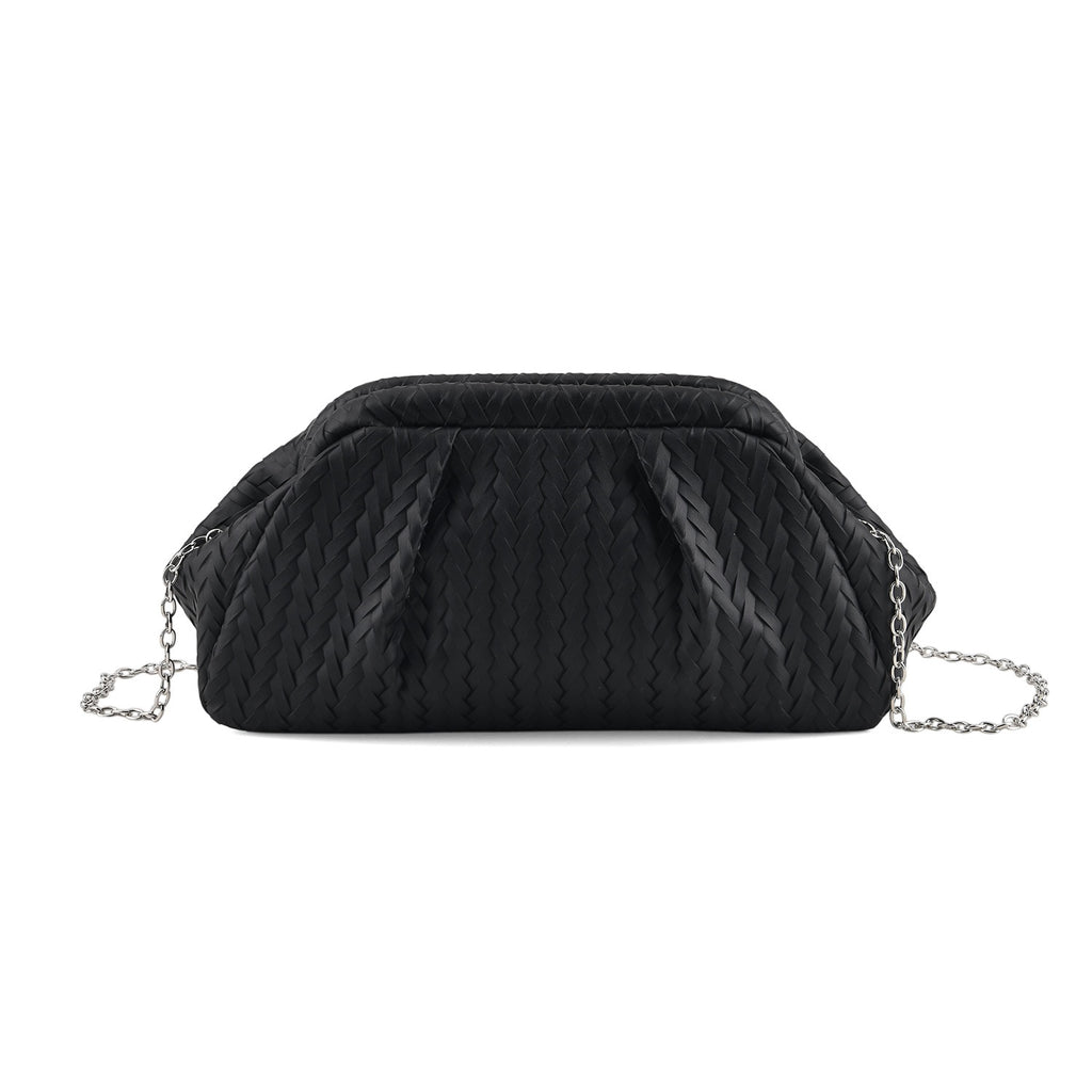Designer Inspired - Ruched Clutch Bag with Detachable Chain Shoulder Strap - Black_8682731