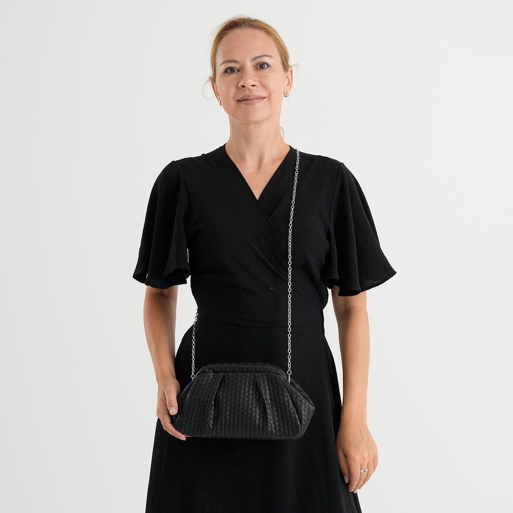 Designer Inspired - Ruched Clutch Bag with Detachable Chain Shoulder Strap - Black_8682731_1