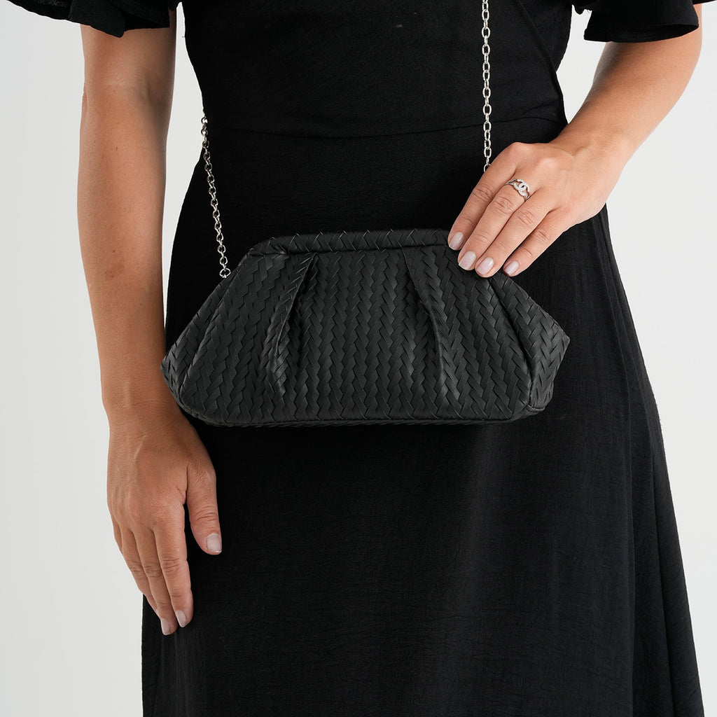 Designer Inspired - Ruched Clutch Bag with Detachable Chain Shoulder Strap - Black_8682731_2