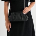 Designer Inspired - Ruched Clutch Bag with Detachable Chain Shoulder Strap - Black_8682731_2