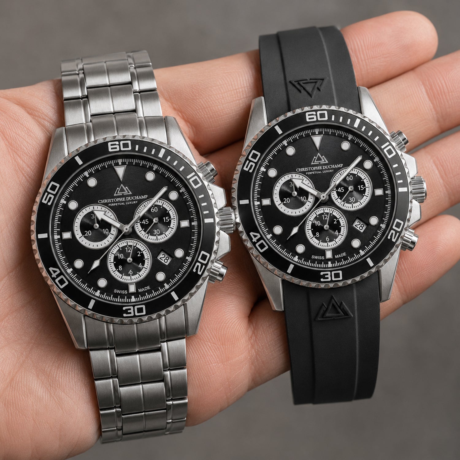Christophe Duchamp Marine Chrono Swiss Quartz Watch with a Black Dial and a Silver Bracelet and Black Silicone Additional Strap in a 42mm Silver Stainless Steel Case with 20 ATM CD8203-01_8688741_1