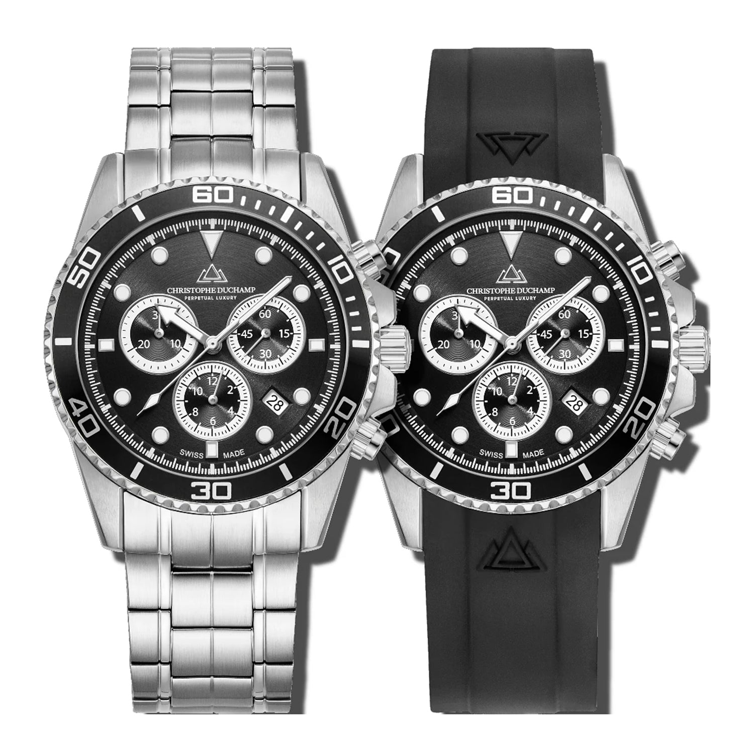 Christophe Duchamp Marine Chrono Swiss Quartz Watch with a Black Dial and a Silver Bracelet and Black Silicone Additional Strap in a 42mm Silver Stainless Steel Case with 20 ATM CD8203-01_8688741_2
