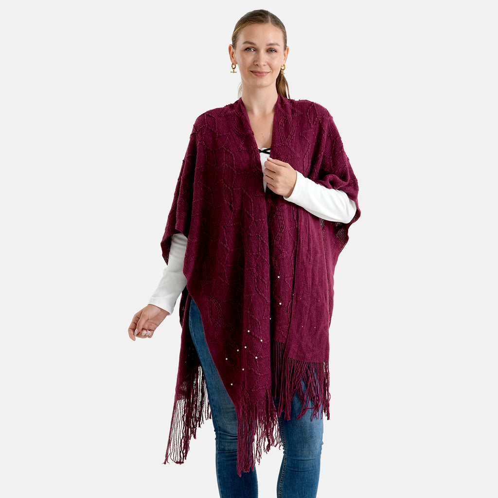 & Maisi Acrylic Patterned Poncho (Size - One Size) - Burgundy_8701439