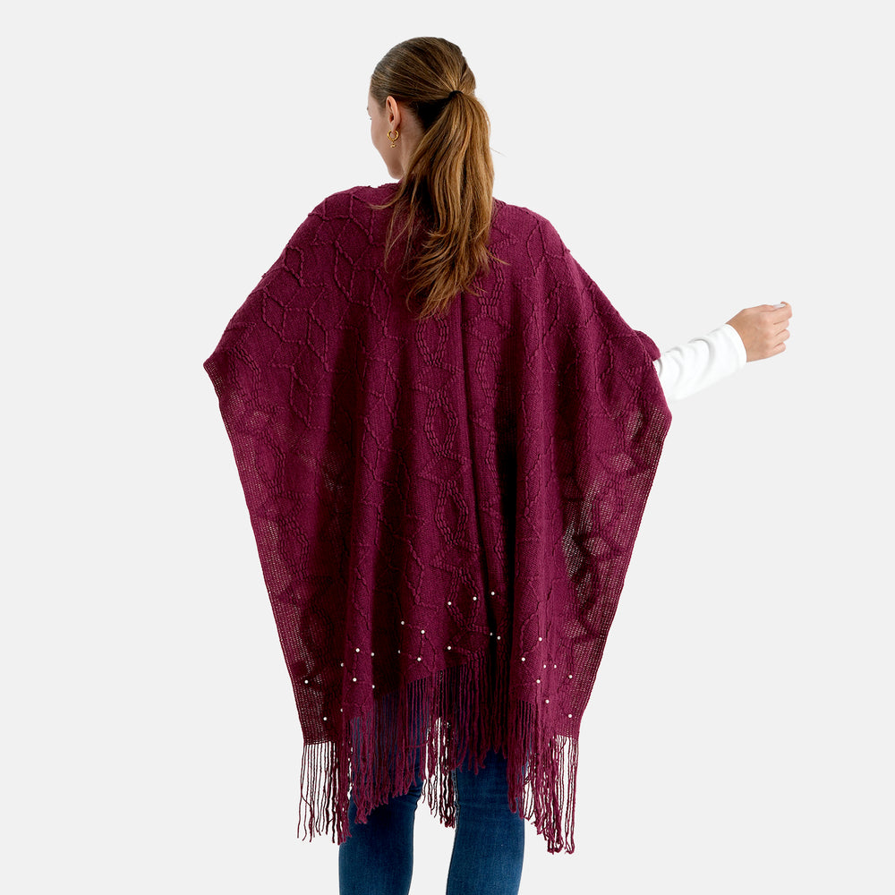 & Maisi Acrylic Patterned Poncho (Size - One Size) - Burgundy_8701439_1