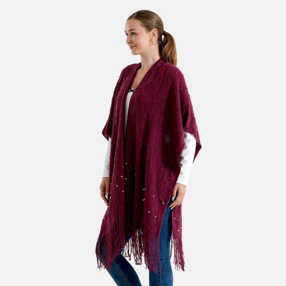 & Maisi Acrylic Patterned Poncho (Size - One Size) - Burgundy_8701439_2
